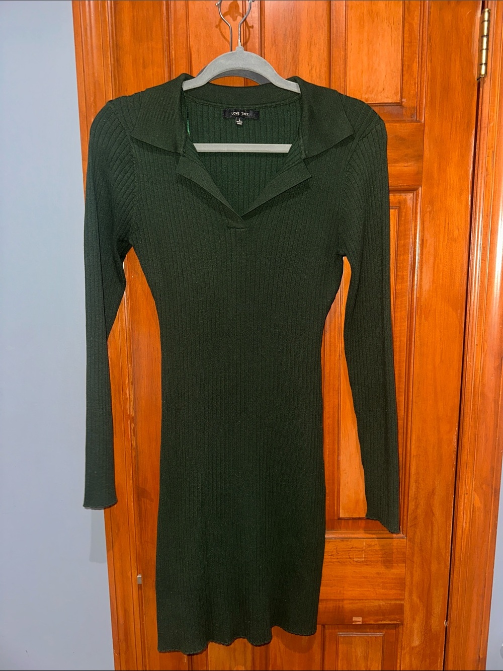 Ribbed Knit Long Sleeve Collar Dress in Dark Green